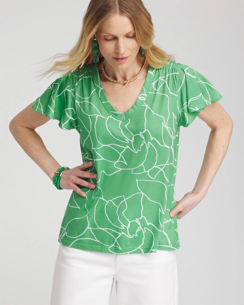 ★★Adairs★★ lip stripe tee green JC6166 Green Lines Flutter Sleeve Tee | Chico's